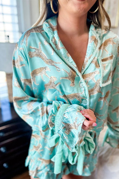 cheetah girl satin pj set / aqua