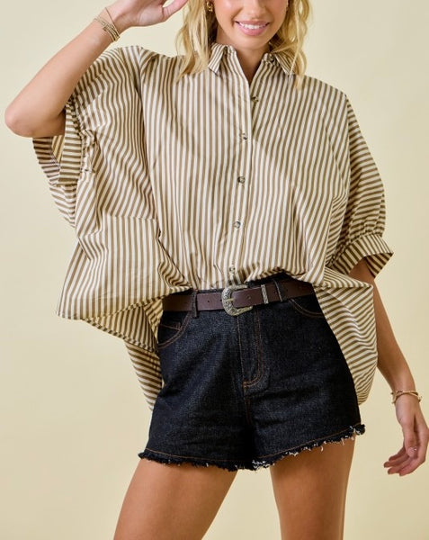 striped oversized button up top / brown