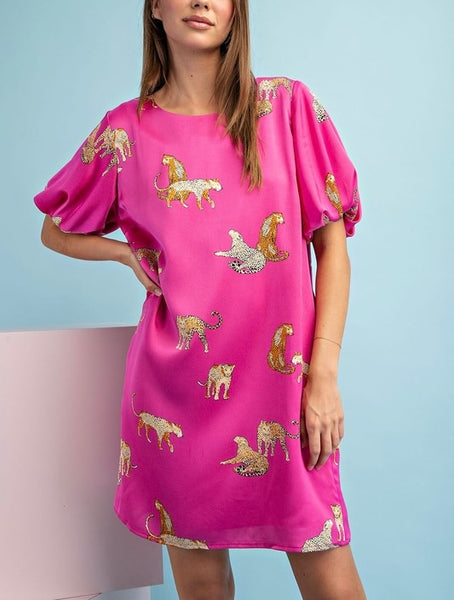 leopard satin dress // hot pink