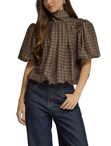 Gingham Puff Sleeve Top / Brown