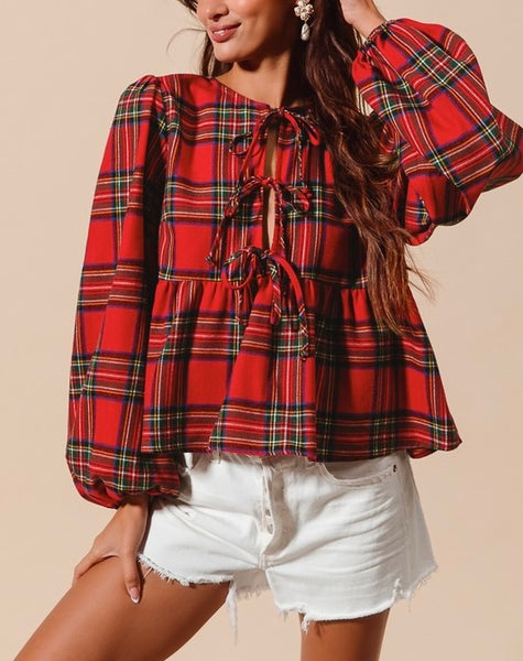 Christmas plaid front tie flannel top / red