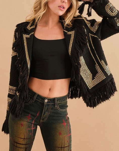 boucle studded fringe jacket // black