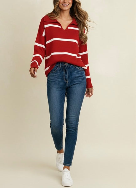 stripe collared oversized sweater / red