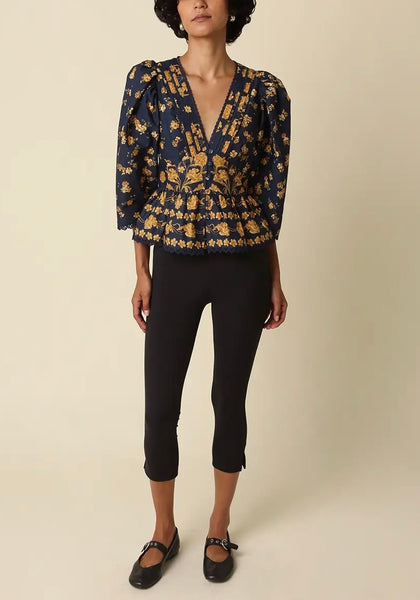 Arya Floral Puff Sleeve Top / Navy & Gold