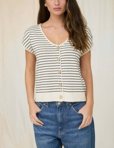 Ruth striped short sleeve cardigan / cream & navy