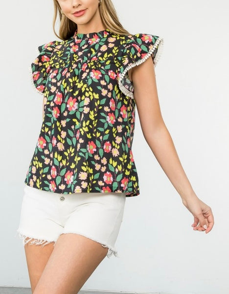 THML floral ruffle sleeve top / black