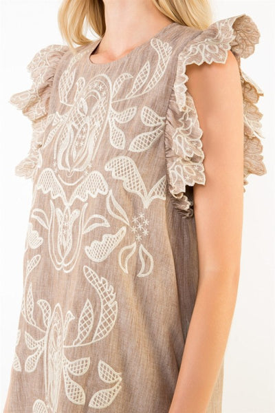 THML flutter sleeve embroidered dress / tan