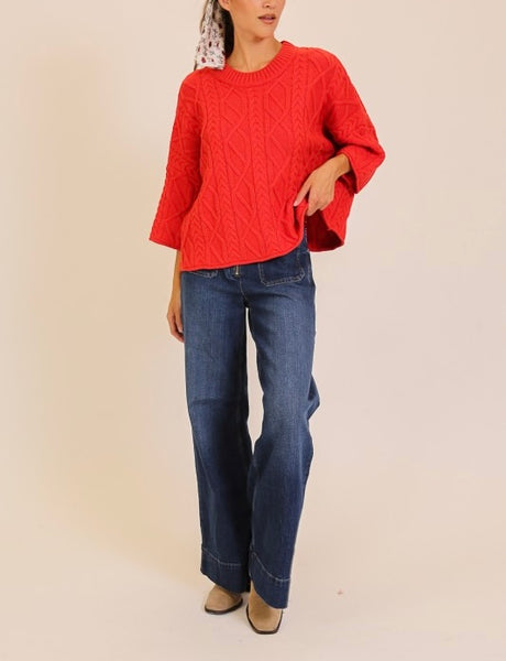 Kinslee 3/4 sleeve cable sweater / red