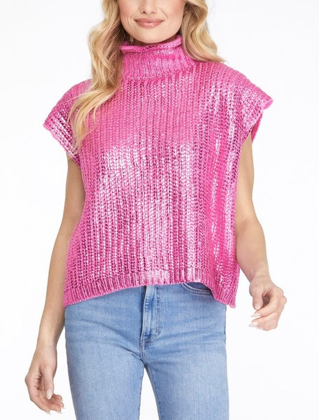 metallic turtleneck sleeveless sweater // candy pink