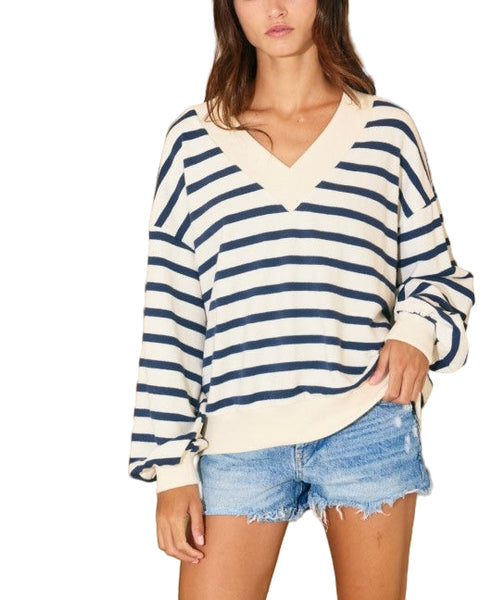 Claire striped v-neck top / navy & cream