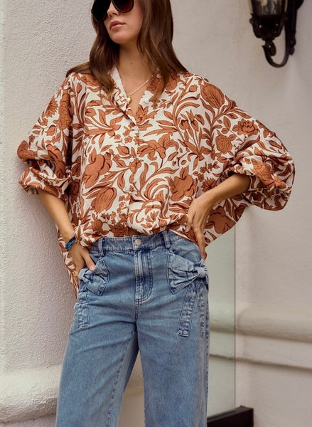 Tuscan vines button up top  / cream & rust