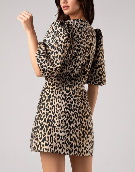 leopard jacquard puff sleeve mini dress