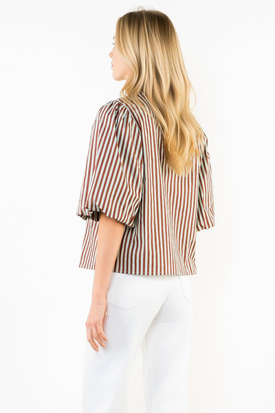 THML stripe button down top / brown & robins egg blue