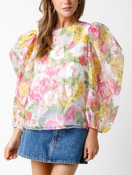 floral bubble sleeve top // white