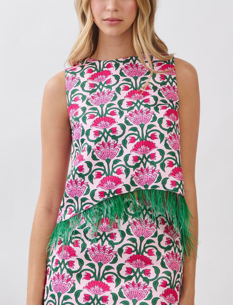 Palm Royale feather trim skirt set / hot pink & green