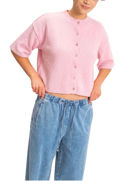 Victoria Short Sleeve Cardigan / Pink