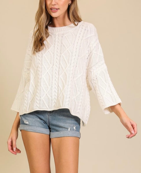 Kinslee 3/4 sleeve cable sweater / cream