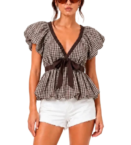 Gingham Babydoll Top / Brown