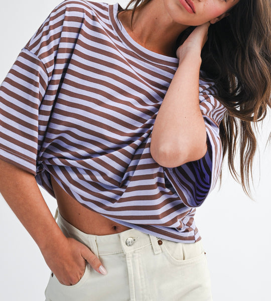 oversized stripe boyfriend tee / violet & chocolate