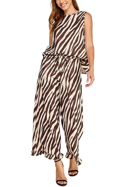 Zebra Satin Pant Set / Brown & Cream