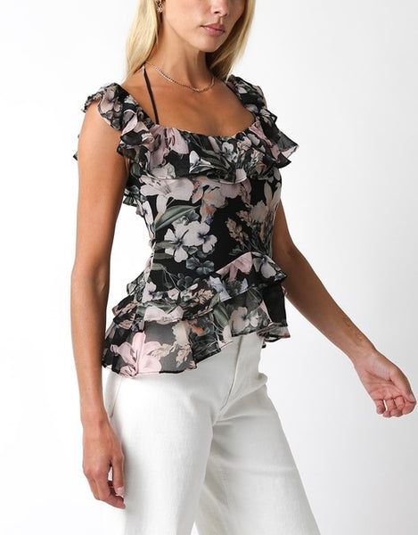 OLIVACEOUS floral ruffle top // black