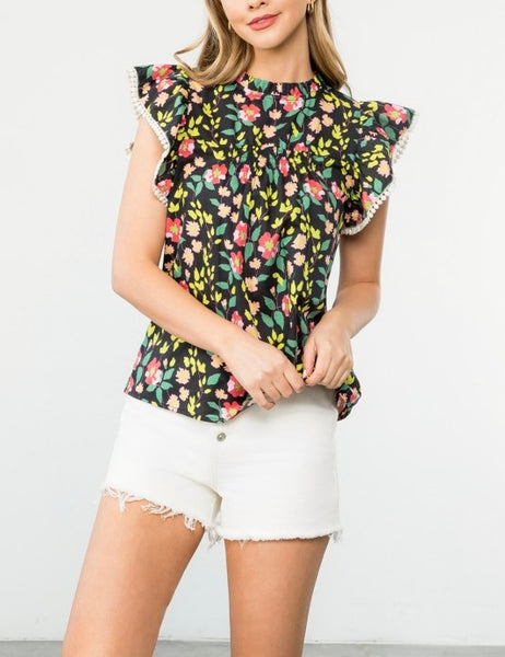 THML floral ruffle sleeve top / black