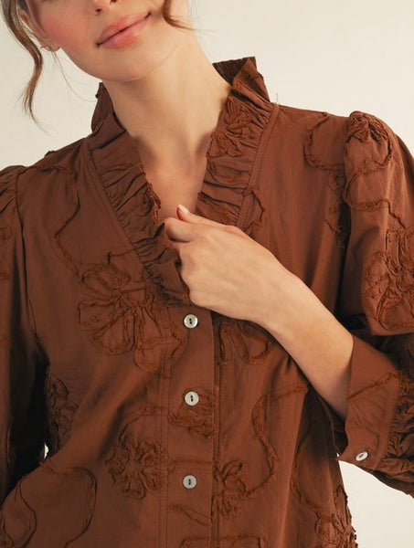 floral appliqué button up top / brown