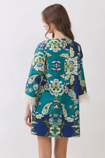 Feather Trim Floral dress / Teal multi