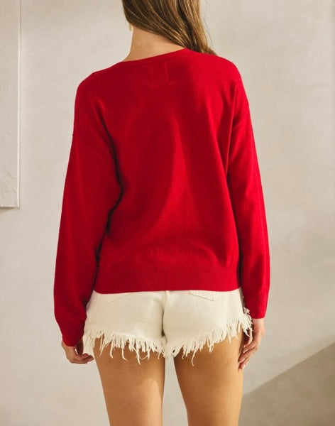 ribbon front tie sweater / red