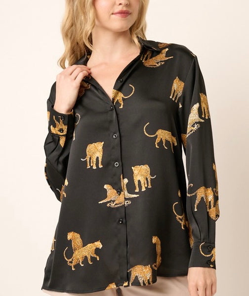 cheetah print satin button up shirt // black