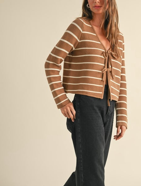 striped tie front cardigan / mocha