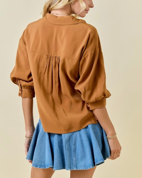 puff sleeve button up top / chestnut