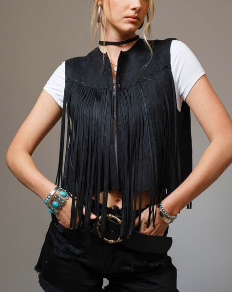 suede fringe western vest / black