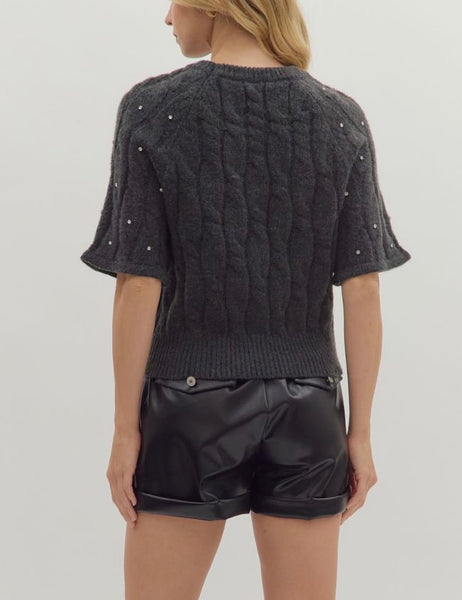rhinestone embellished cable sweater / charcoal