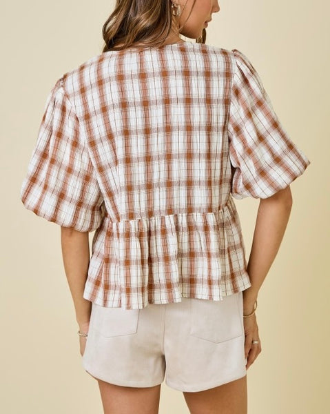plaid puff sleeve top / ginger