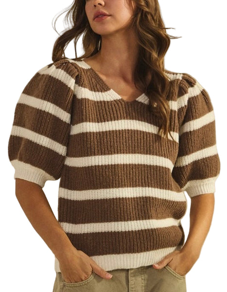 puff sleeve stripe sweater / cocoa & cream