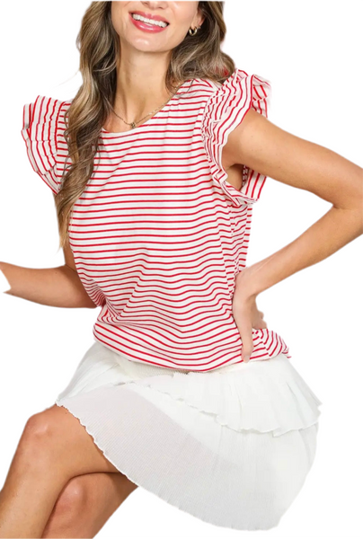 stripe ruffle sleeve tee / white & red