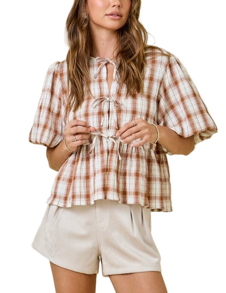 plaid puff sleeve top / ginger