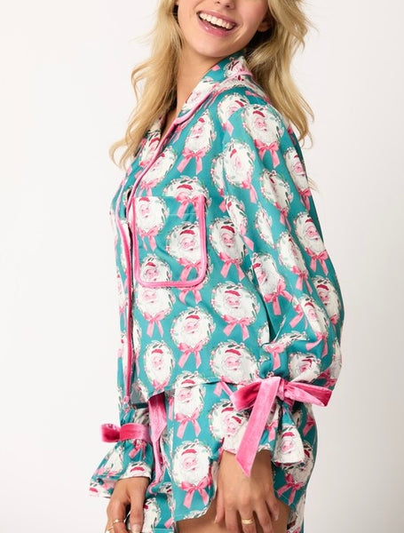 santa & bows satin pj set / teal