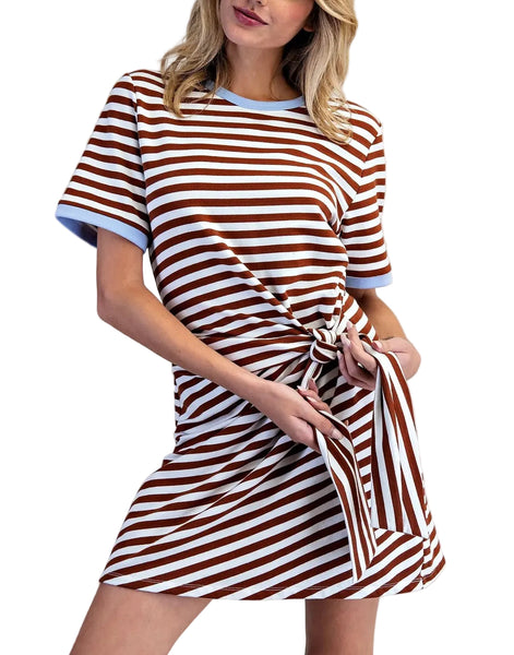 Cassie striped waist tie dress / chocolate