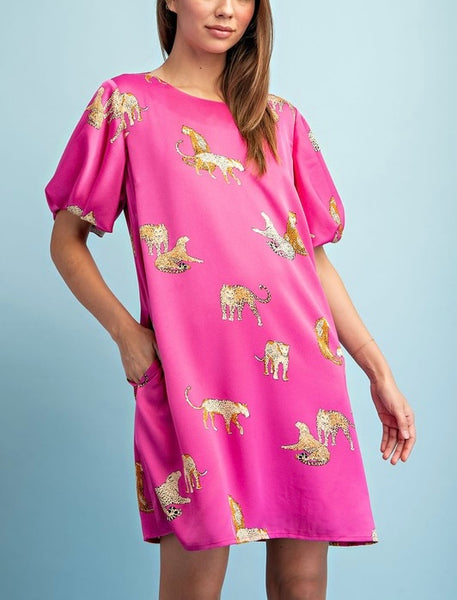 leopard satin dress // hot pink