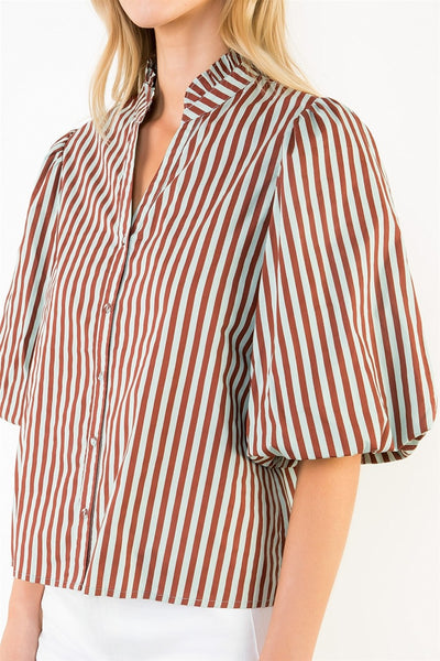 THML stripe button down top / brown & robins egg blue