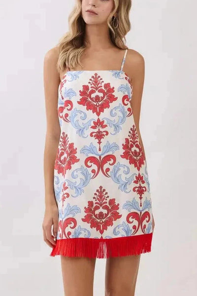 TCEC Damask print red fringe hem dress