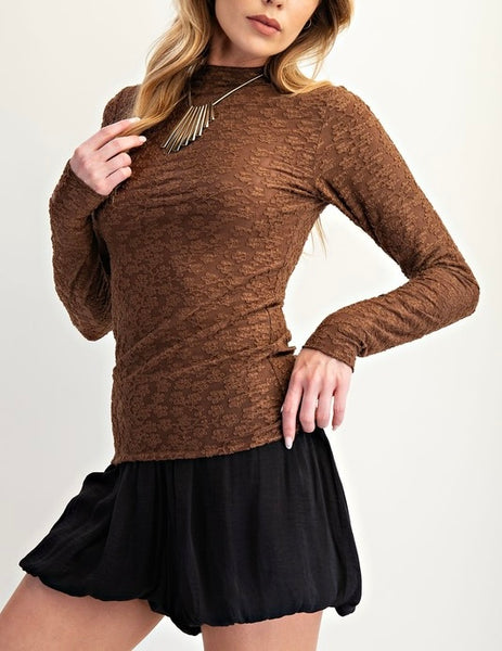 fitted lace long sleeve top / chestnut