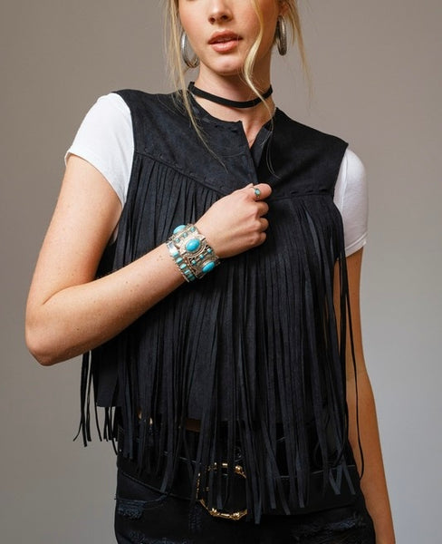 suede fringe western vest / black