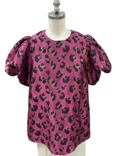 THML puff sleeve leopard jacquard top / magenta