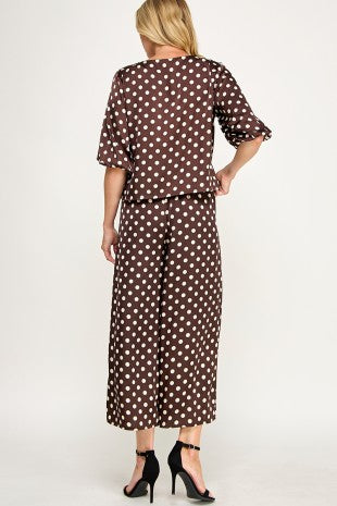 Polka Dot Satin Pant Set / Chocolate