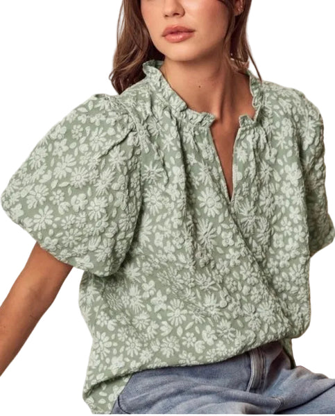 Eva jacquard puff sleeve top / sage
