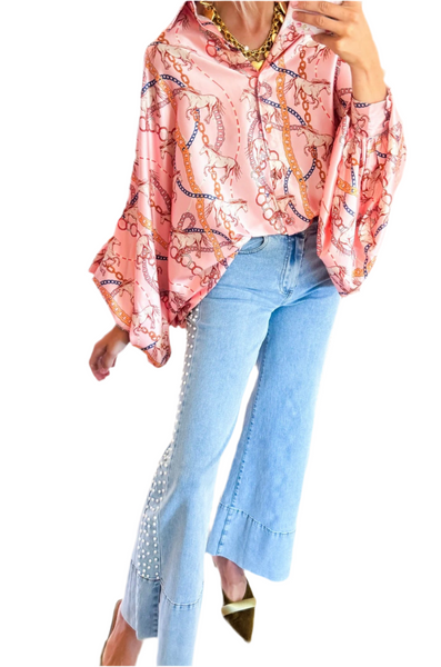 satin horse print oversized button up / pink