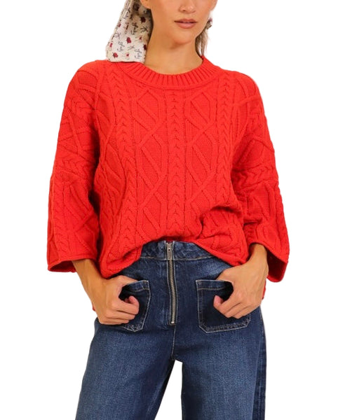 Kinslee 3/4 sleeve cable sweater / red